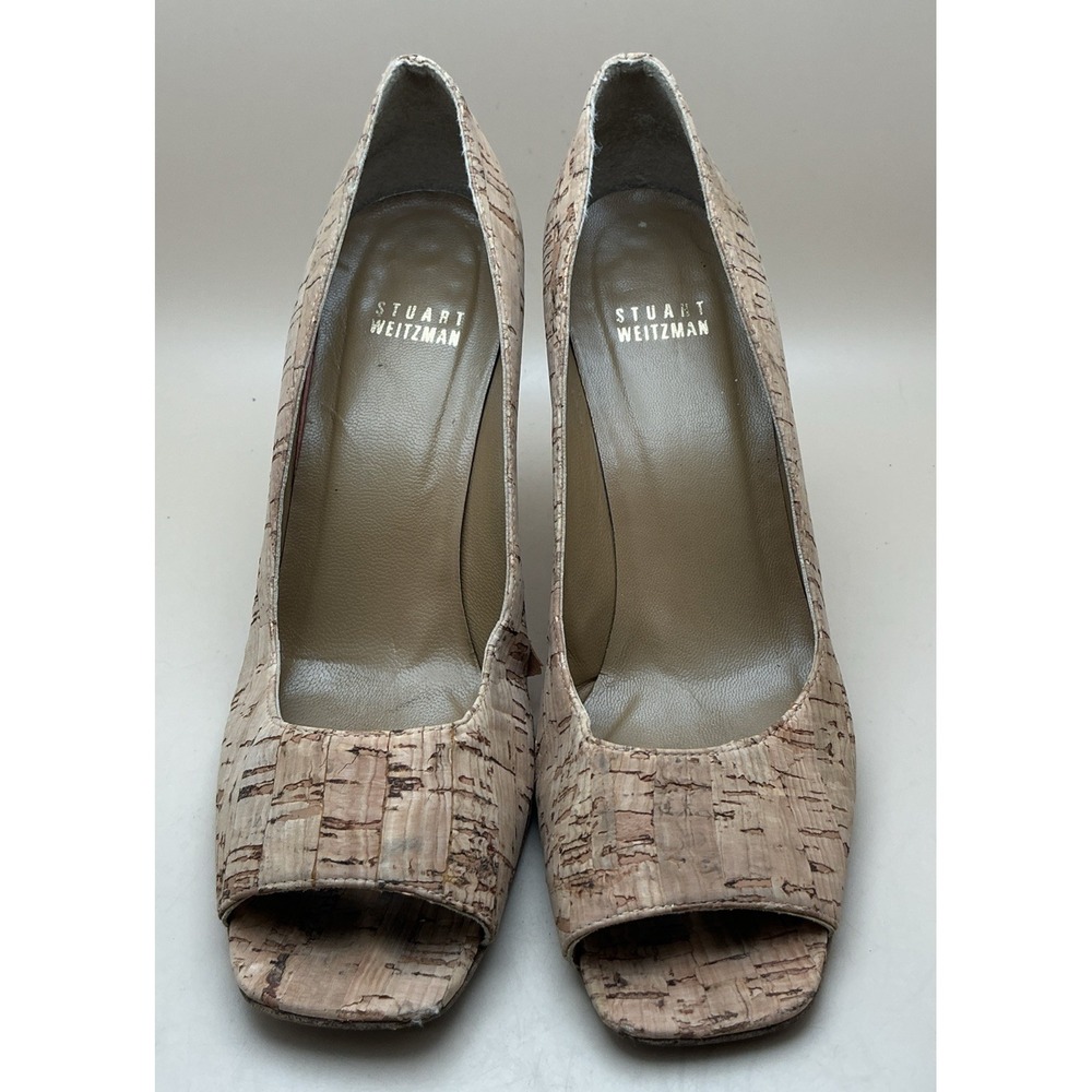 Stuart Weitzman Natural Cork Peep-Toe Wedge Pumps Leather Lining Sz 7M‎